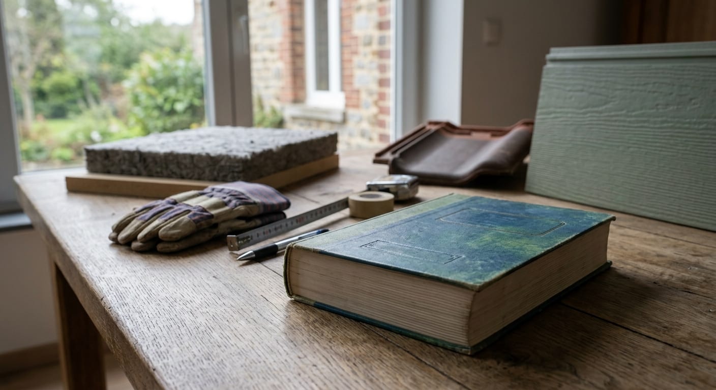 Guide pratique relié sur la rénovation thermique et l'isolation des maisons en Région wallonne posé sur une table en bois