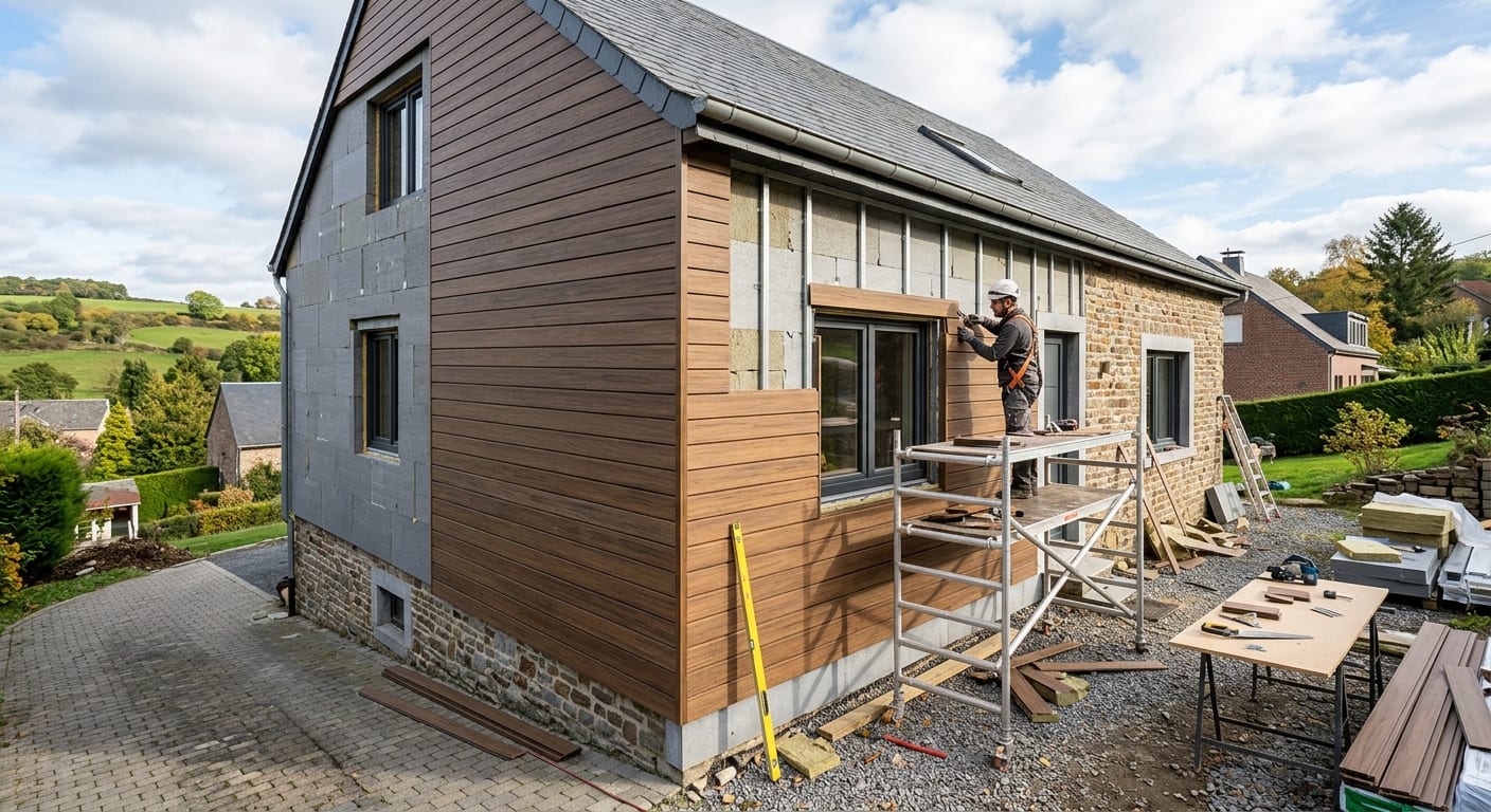 Chantier d'isolation thermique extérieure d'une maison unifamiliale en Wallonie avec pose soignée de bardage extérieur et finition moderne
